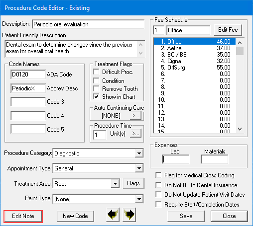 Editing procedure code notes