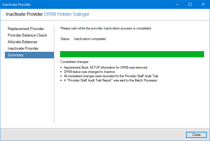 Inactivate Dialog Box Inactivating a provider