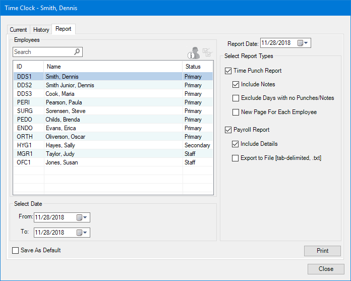 Printing time clock reports