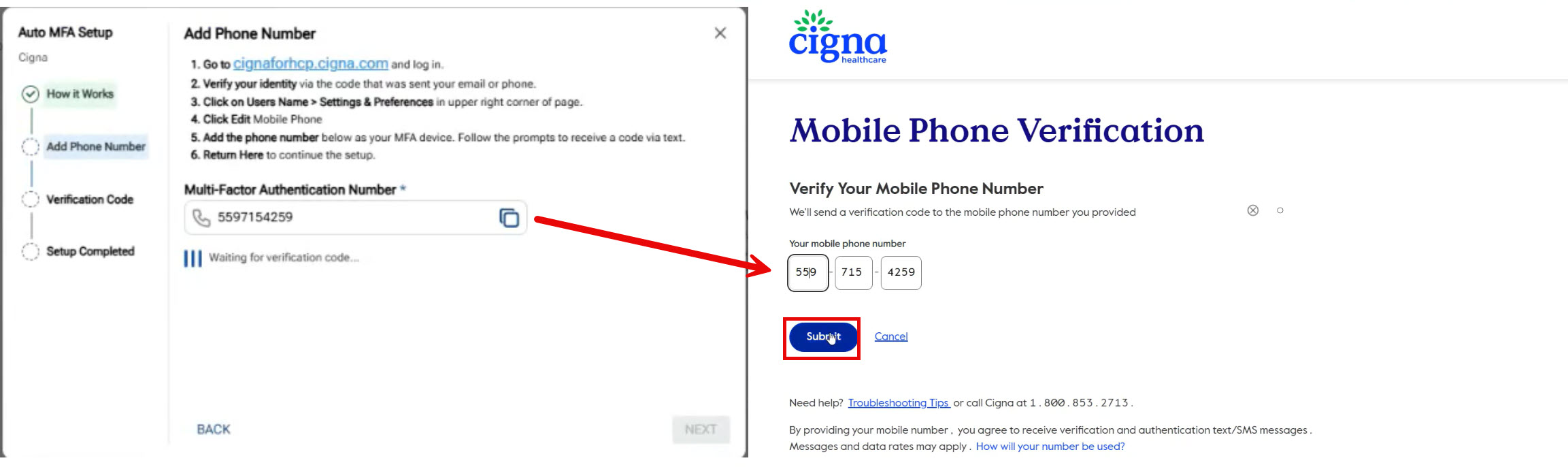 Copying phone number from Portal to Cigna