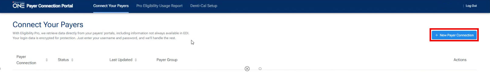 Connect Your Payers Screen showing New Payer Connection button