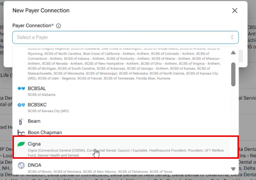 Dropdown menu selecting Cigna