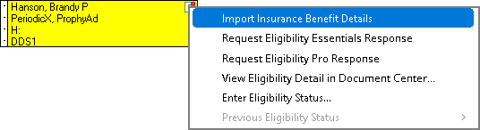 Image of an appointment, selecting Import Insurance Benefit Details from the menu