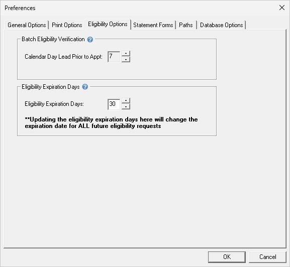 Eligibility Options preferences dialog within Dentrix