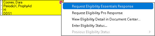 Image of an appointment, the menu item Request Eligibility Essentials Response selected