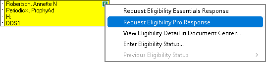 Image of an appointment, the menu item Request Eligibility Pro Response selected