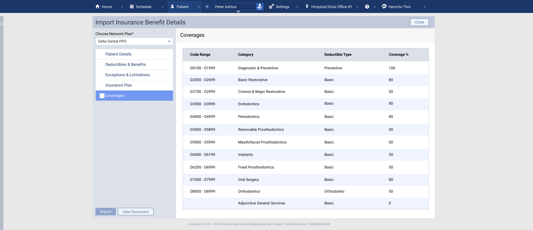 Image of the Import Insurance Benefit Details window, with the Coverages page displayed