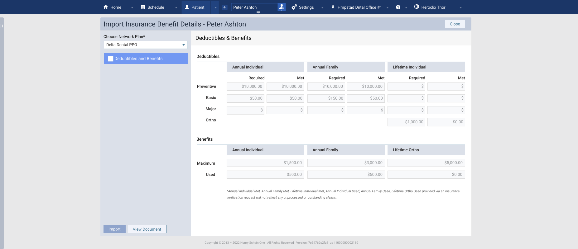Image of the Import Insurance Benefit Details window, with the Deductibiles and Maximums page displayed