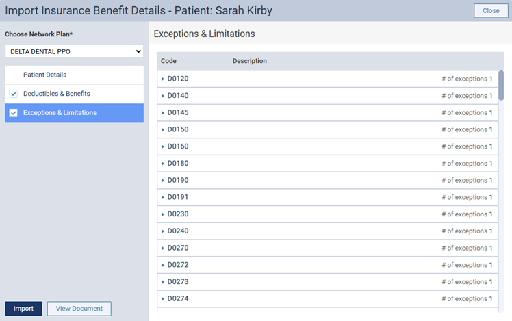 Image of the Import Insurance Exceptions & Limitations page displayed