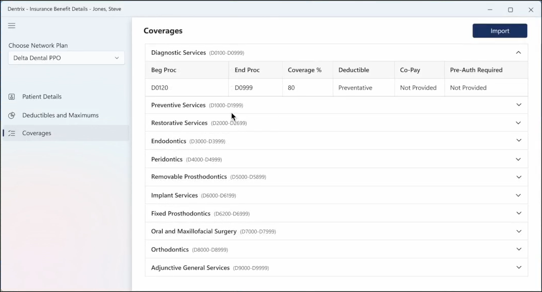 Image of the Import Insurance Benefit Details window, with the Coverages page displayed