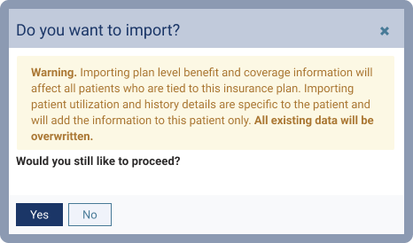Image of the confirmation window asking if you want to import benefits and coverage information