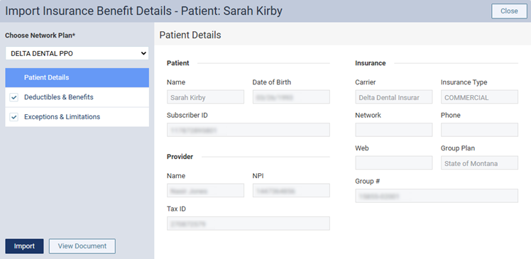 Import Insurance Benefit Details window main page