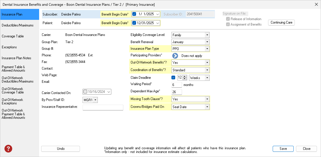 Image of the Benefits and Coverage window with insurance plan information highlighted.