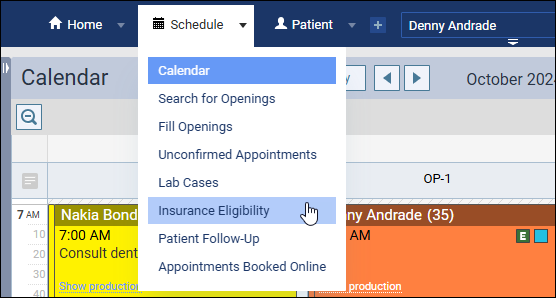 Image of the menu path to the Insurance Eligibility page