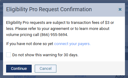 Image of the Eligibility Pro Request Confirmation pop-up