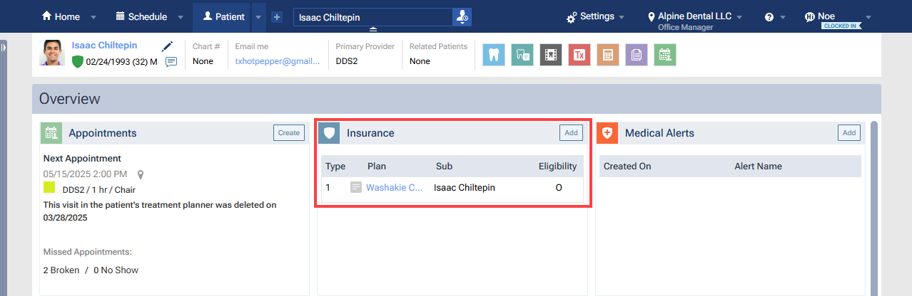Image of the Insurance widget in the Patient Overview