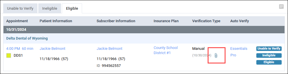 Image of a paperclip in the Auto Verify column