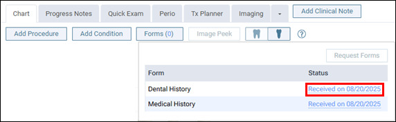 Image of Forms menu with Received On link highlighted