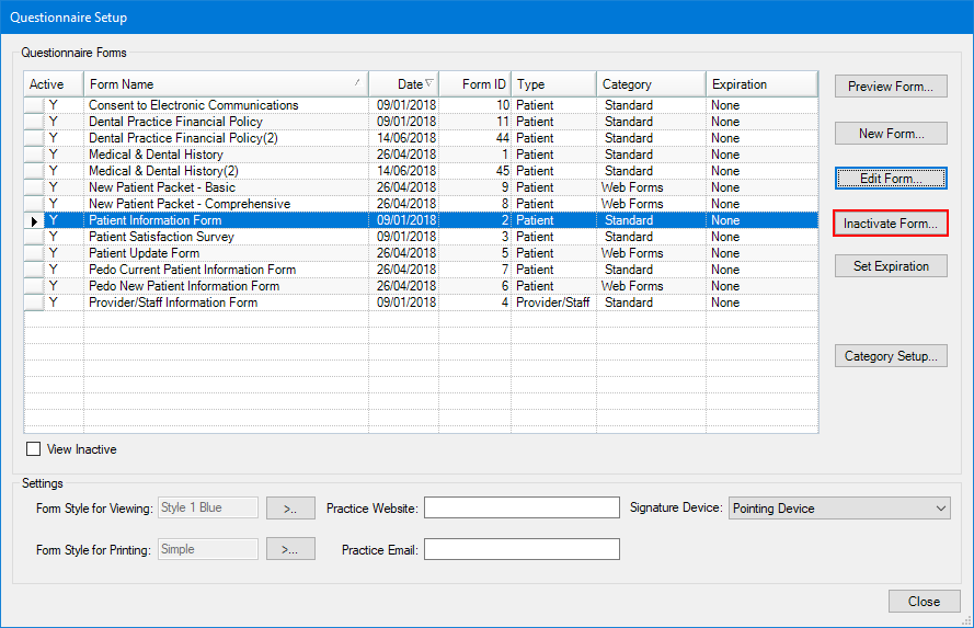 Inactivate Dialog Box Inactivating questionnaire forms