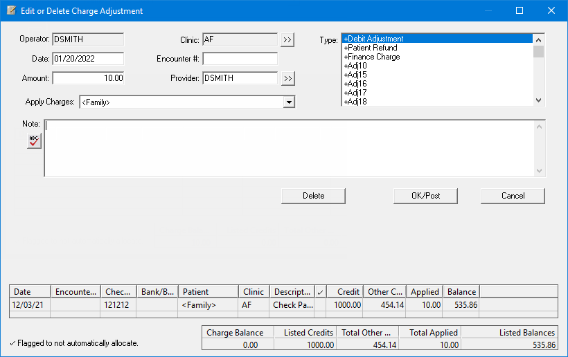 Editing charge adjustments