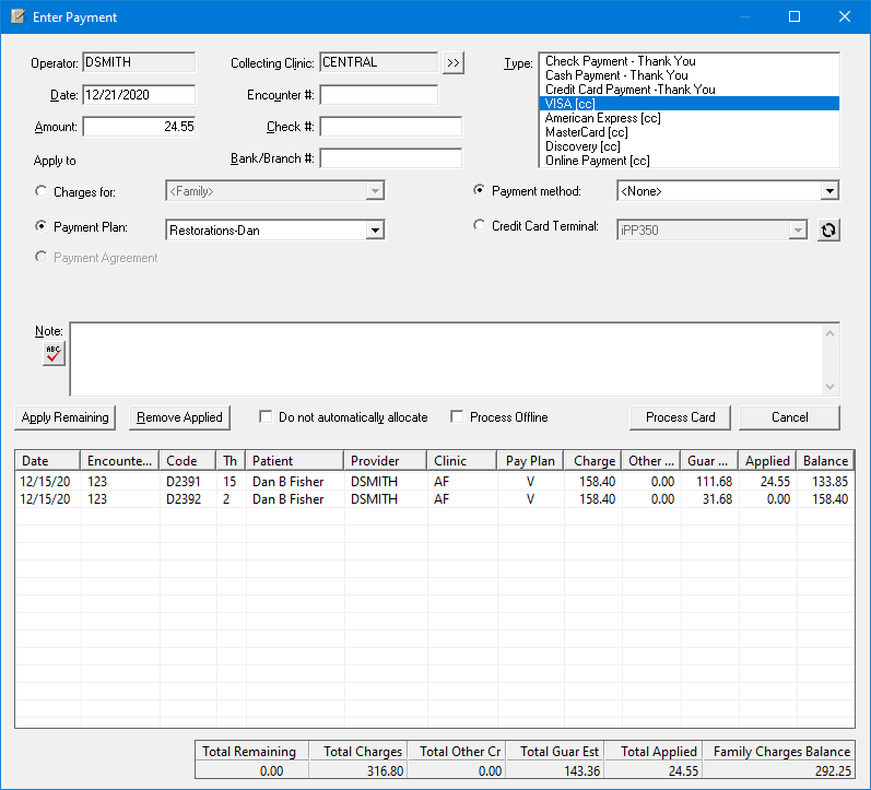 Posting credit card payments to payment plans (Axia)