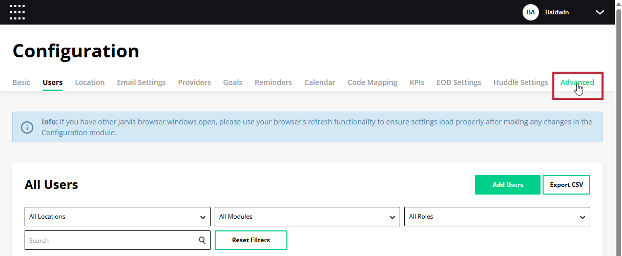 Configuration Advanced tab