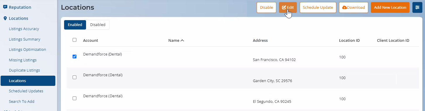 Viewing the Locations page
